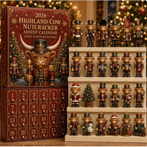 Adventskalender 2026 – 24-teilig – rotbraun – Acryl – 26 x 18 x 3 cm – Nussknacker-Anhänger in Form von Hochlandrindern – Christbaumschmuck – geeignet als Weihnachtsgeschenk und für die Inneneinrichtu (1/5)