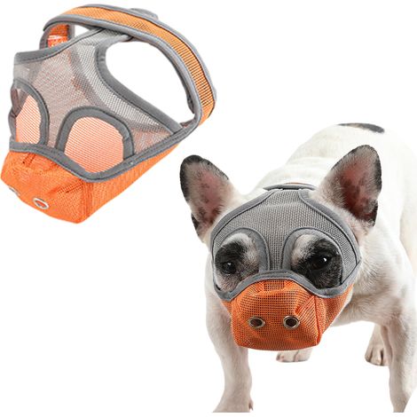 Muselière pour chien à museau court, en maille respirante, anti-morsure, anti-mâchouillage et anti-aboiement (orange-gris) (1/5)