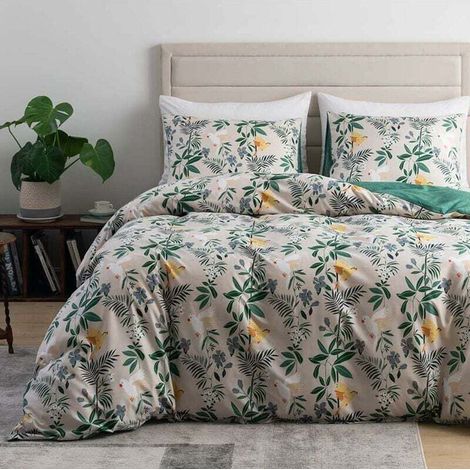 Funda nórdica de 240x260 cm, color beige, estampado de hojas verdes, diseño botánico floral, juego de ropa de cama de microfibra con cierre de cremallera y 2 fundas de almohada de 50x75 cm - Ropa de c