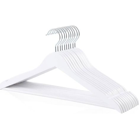 Lot de 10 cintres en bois blanc, 44 cm, pour costumes, vêtements lourds, armoire, porte-manteau, antidérapants (1/5)
