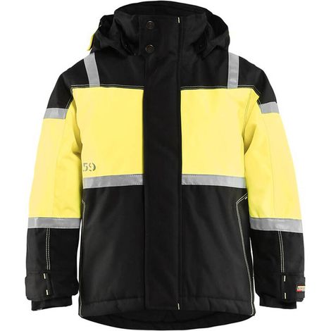 Giacca da lavoro con cappuccio invernale per bambini 4858 - Nero/Giallo fluorescente 140cm (1/4)