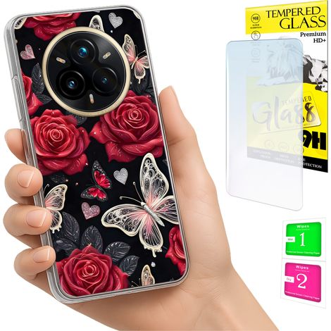 Coque pour Realme 14 Pro+ 5G / 14 Pro Plus 5G, coque arrière papillon avec protection en verre trempé. (1/5)