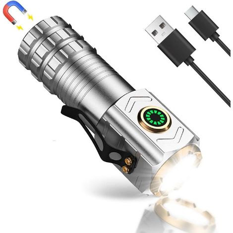 1600 Lumens Argent Petite Lampe Torche Rechargeable, 5 Mode Lampe Torche LED Ultra Puissante, , Mini Lampe de Poche Aimantée avec Clip, Étanche, , D'éclairage pour Camping Urgence Randonnée (1/5)