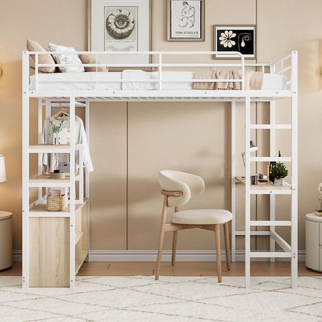 Lit Mezzanine avec Bureau-Étagères-Armoire Ouverte-Prise USB-Sans Matelas-Cadre Métal-Blanc-204x95x180cm (1/5)