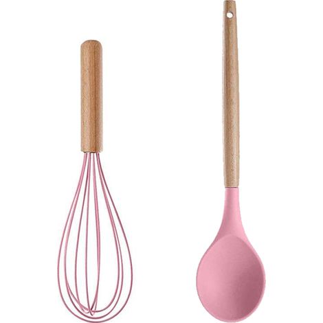 Ensemble Ustensiles Cuisine - Silicone Et Bois Naturel - Compatible Revetement Antiadhesif - Lot De 2 Pieces (1/5)