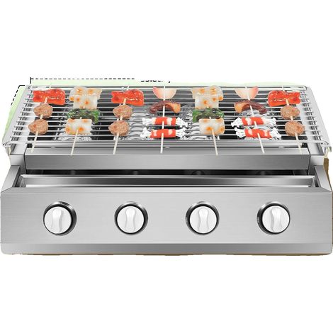 Parrilla de gas, 4 quemadores, altura ajustable, construcción de acero inoxidable, gran superficie de cocción, cocción sin humo. (1/5)