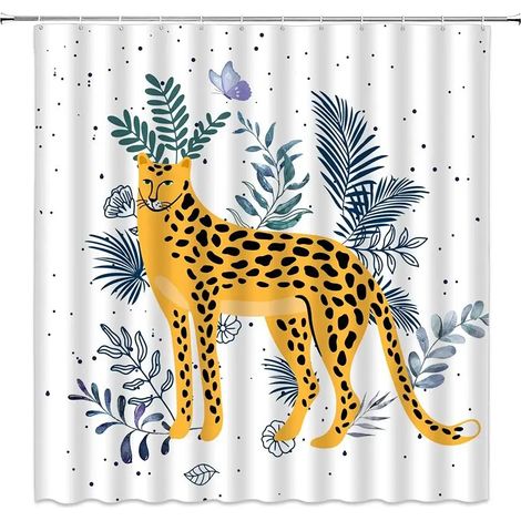 Rideau de douche bohème à motif guépard, rideau de bain léopard tropical, rideau de salle de bain rose moderne à fleurs bleues et phases de lune, 180 x 180 cm - 70 x 70 pouces