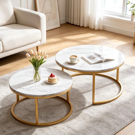 Table basse ronde – set de deux – bois cadre doré – plateau effet marbre – 80+60 cm (1/5)