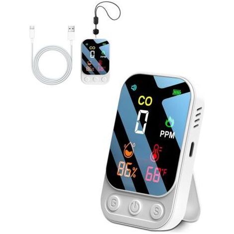 Blanc Détecteur de Monoxyde de Carbone Portable pour Voyage Camping Voiture, Alarme de CO Portatif, Mesureur de Monoxyde de Carbone avec Batterie Rechargeable Intégrée (1/5)