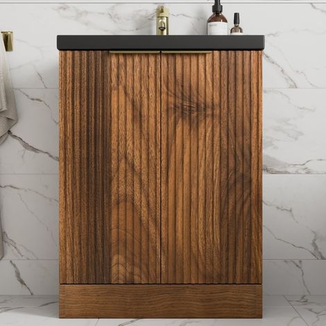 Fluted 600mm Bathroom Vanity Unit Basin Floorstanding Cupboard Soft Close Walnut (1/5)