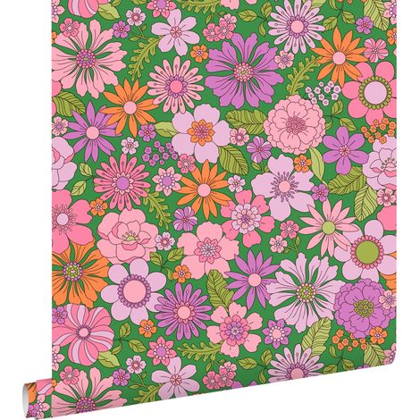 papier peint fleurs rétro vert, violet, rose et orange - ESTAhome (1/5)