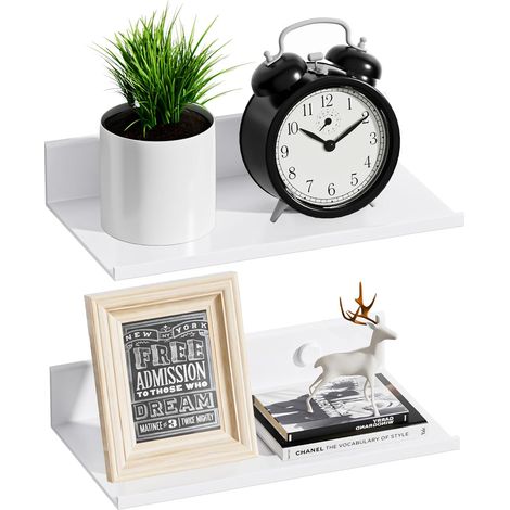 Etagere Murale sans Percage Lot De 2, Tablette Murale Blanche 20cm Métal Aluminium, Idéale Locataires, Charge 3 Kg, Moderne Décorative Étagère Pour Salon, Chambre (1/5)
