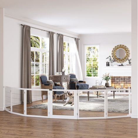Barrière pliable pour chiens en bois blanc avec pieds 432 x 70 cm, 6 panneaux, OKWISH (1/5)