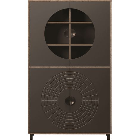 Buffet haut 2 portes 3 tiroirs décor chêne et bronze foncé - VELA (1/5)