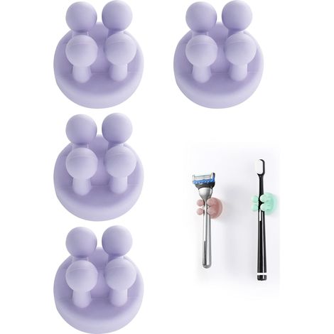 Lot de 4 Supports de Brosse à Dents en Silicone Multifonction pour Rasoir et Brosse à Dents,Étanche,Auto-adhésif,pour Suspendre la Salle de Bain (Violet 4 pcs) (1/5)