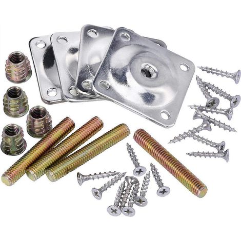 Un ensemble de platines de fixation pour pieds avec goupilles et vis métalliques pour fixer solidement canapés, chaises, tables basses et autres meubles. Disponible en plusieurs coloris. (1/5)