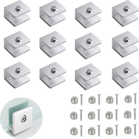 Ensemble de 12 pinces à verre, support de cloison en verre réglable, support d'étagère murale en verre de 6 à 8 mm, supports d'étagère en aluminium, pour salle de bain, balcon (avec vis) (1/5)