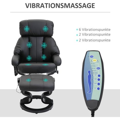 Fauteuil relaxant de massage avec repose-jambes, 10 zones de vibration, dossier inclinable jusqu'à 145°, noir (1/4)