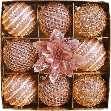 Set di 9 palline decorative di Natale - Palline di plastica lucide - Decorazioni da appendere all'albero di Natale - Adatte per feste in famiglia (Rosa, 8 cm)