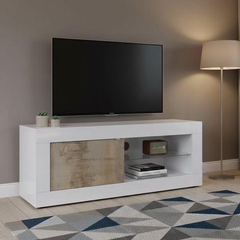 Dmora - Mueble de televisión Hector, Aparador de salón, Mueble bajo para TV, Base de pared equipada, Made in Italy, 140x43 h56 cm, Blanco y Acacia (1/5)