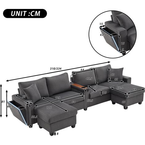 Divano a U in velluto a coste con 2 sgabelli, lampada da lettura, ripiano pieghevole, portabicchieri e USB/Type-C, braccioli su entrambi i lati con illuminazione LED decorativa, grigio, dimensioni: 33 (1/5)
