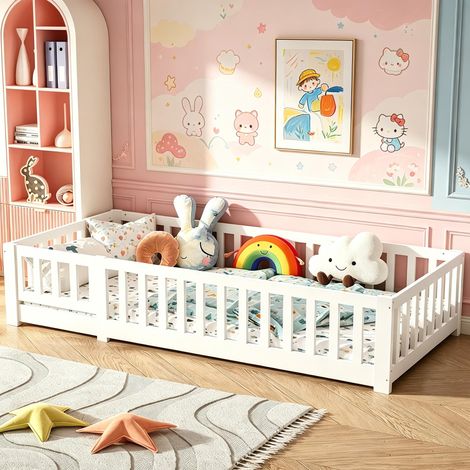 Lit bébé 90x190cm – Pin massif – Barrières sécurité – Vernis blanc – Sommier à lattes
