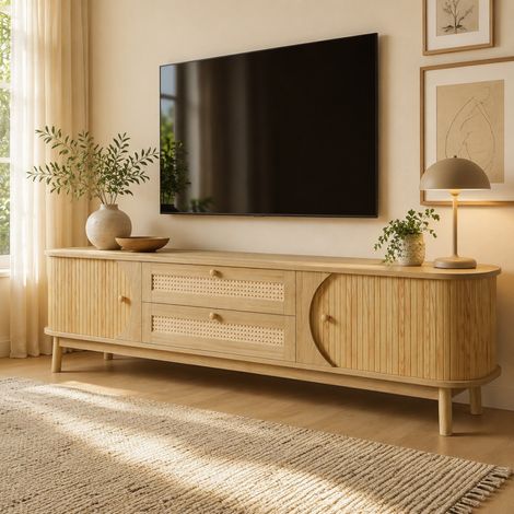 Mueble TV 170x39,5x46 cm de madera y ratán natural, con almacenaje para salón FloraGrace (1/5)