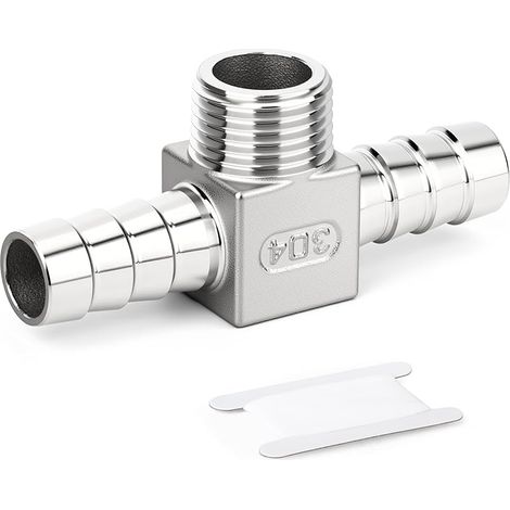 1 pièce raccord en T à barbillon en acier inoxydable 304, 3/8" BSP mâle x 10mm à barbillon x 10mm à barbillon, raccord de tuyau à 3 voies avec collier de serrage pour air/liquide/gaz (1/5)
