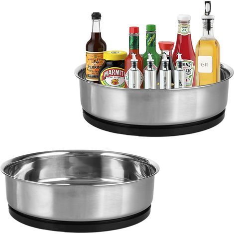 Lot de 2 organisateurs de cuisine rotatifs (19,5 cm) – Rotation à 360°, plateau tournant en acier inoxydable – Plateau tournant pour réfrigérateur, cuisine, salle de bain et commode