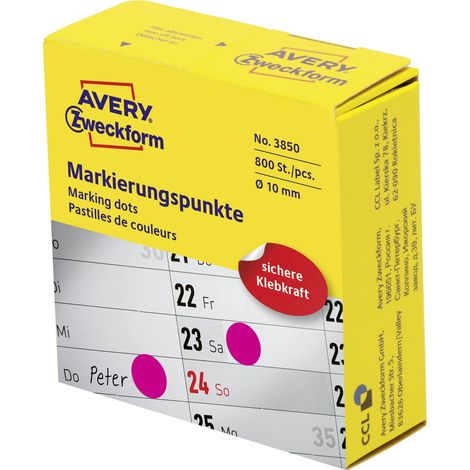 Avery Zweckform 3850 Markierungspunkte, Ø 10 mm, 1 Rolle/800 Etiketten, magenta (1/5)