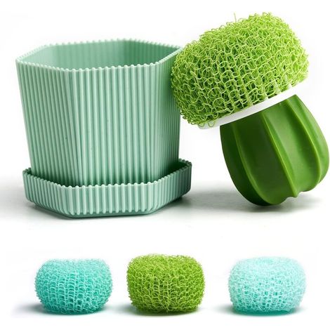 Mini spazzola a forma di cactus con vassoio raccogligocce, spazzola per piatti, spazzola per pentole, spazzola da cucina, detergente, strumento di pulizia - Crezuo