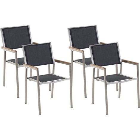 Set di 4 Sedie da Gardino in Tessuto Nero e Gambe in Acciaio Inox Grosseto