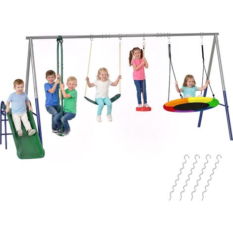 Portique balancoire 5 en 1 avec toboggan reglable en hauteur 382x196x203 cm multicolore