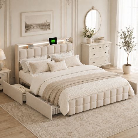 Lit double 160x200 cm avec 4 tiroirs, tête de lit led, lit adulte avec usb, linge, sommier à lattes, pour adultes, adolescents, beige (1/5)