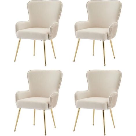 Lot de 4 chaises velours beige avec accoudoirs et pieds métal doré – 57×53×83 cm (1/5)