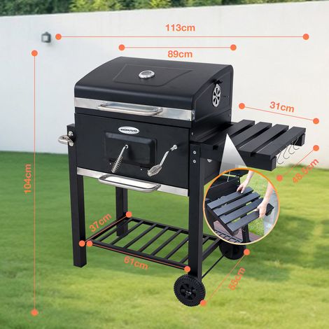 HOMAVO Barbecue Charbon de Bois, Surface de Cuisson: 56×42,5 cm, Bac à Charbon Réglable en Hauteur, Table Latérale Pliante, Thermomètre, Housse Barbecue Incluses