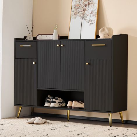 Schuhschrank 130 cm, mit 4 Türen, 3 Schubladen, Regalen, Metallgriffen, für bis zu 12 Paar Schuhe – Schwarz