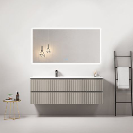 Mobile bagno sospeso cannettato 140 cm Grigio Cenere Lavabo a Sinistra in Resina Specchio Quadro Retroilluminato - Fiji Paint (1/4)