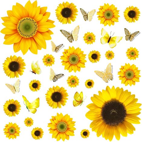 27 Stickers muraux, Tournesol, Papillon 3D, PVC imperméable, Décoration amovible, Chambre, Cuisine, Salle de bain (1/5)