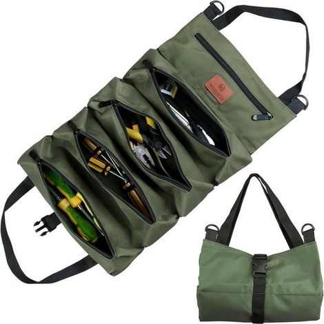 Longziming - Sac à outils enroulable - Sac à clés en toile avec 5 poches zippées - Sac polyvalent pour plombiers et électriciens - Vert (1/5)