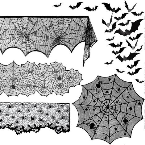 5-teiliges Halloween-Spinnen-Deko-Set – Kaminsims-Schal, runde Tischdecke, Tischläufer aus Spitze, Spinnennetz-Lampenschirm und 60 gruselige Deko-Teile (1/5)