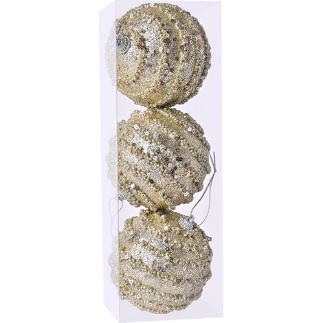 Boule De Noël - Paillettes Champagne - Décoration Arbre De Noël - Lot De 3 (1/2)