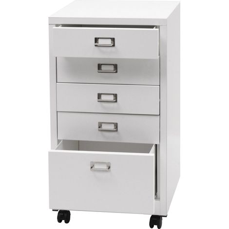 Caisson à roulettes HWC-L49 - armoire à tiroirs en acier Armoire à dossiers - métal 75x40x41cm 5 tiroirs - blanc (1/5)