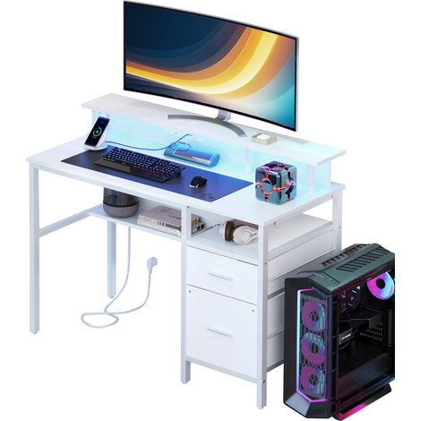 Vasagle – Bureau gamer avec tiroirs en tissu – Support écran surélevé – Éclairage LED – 120,1 x 55,1 x 90,1 cm – Structure en acier robuste – 2 ports USB