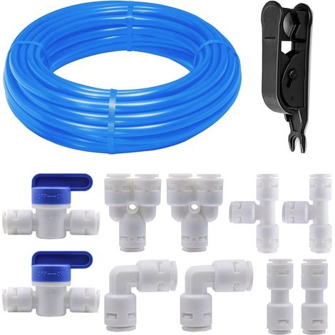 10M Water Supply Hose Tube,3/8" RO Water Filter Fitting,Water Purifiers Quick Connect Tube Fittings Type Y+T+I+L+Ball Valve Reverse Osmosis Systems-Blue (1/5)