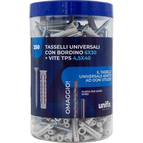 Tassello universale 6x30 con vite tps 4,5x40 e punta muro 8x120 box 250 pezzi
