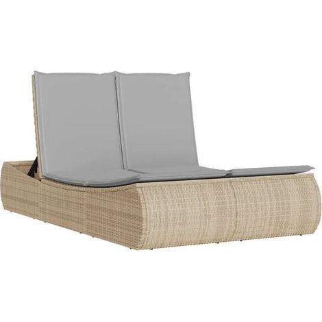 Chaise longue double avec coussins beiges, en résine tissée. (1/5)