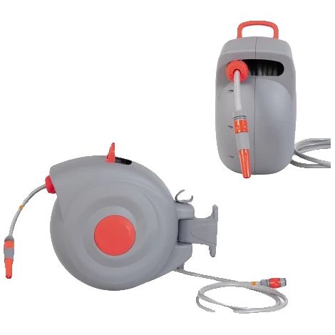 Enrollador de manguera de jardín, rebobinado automático, boquilla de 9 patrones de pulverización, gris - Plástico (1/2)