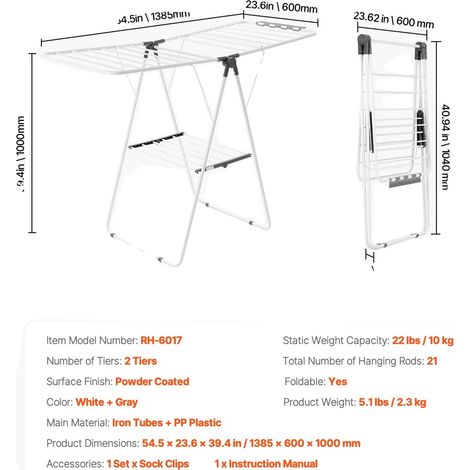Séchoir à linge, hauteur réglable, design pliable, 21 Barres de Suspension 2 Niveaux (1/2)