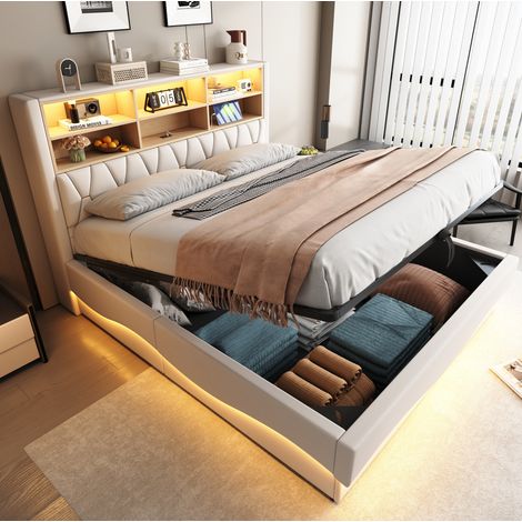 Stauraumbett 180x200 cm Beige mit LED und USB, ohne Matratze – MEUBLIV (1/5)